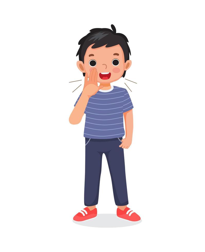 cute little child boy shouting and screaming loud with hands near his mouth vector