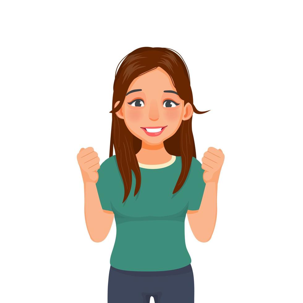 happy and excited young woman making fist pump winner gesture with arms raised, smiling and shouting for victory celebrating successful of achieving goals vector