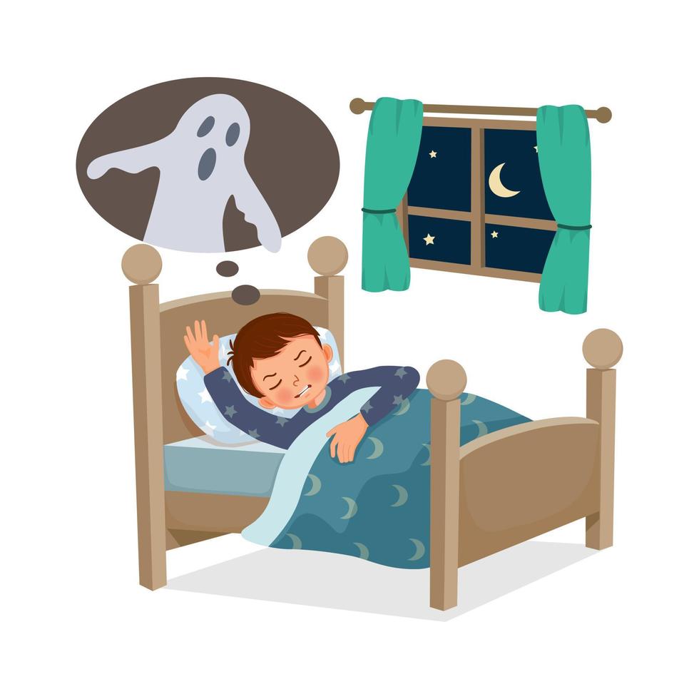 lindo niño pequeño que tiene una pesadilla mal sueño durmiendo por la noche vector