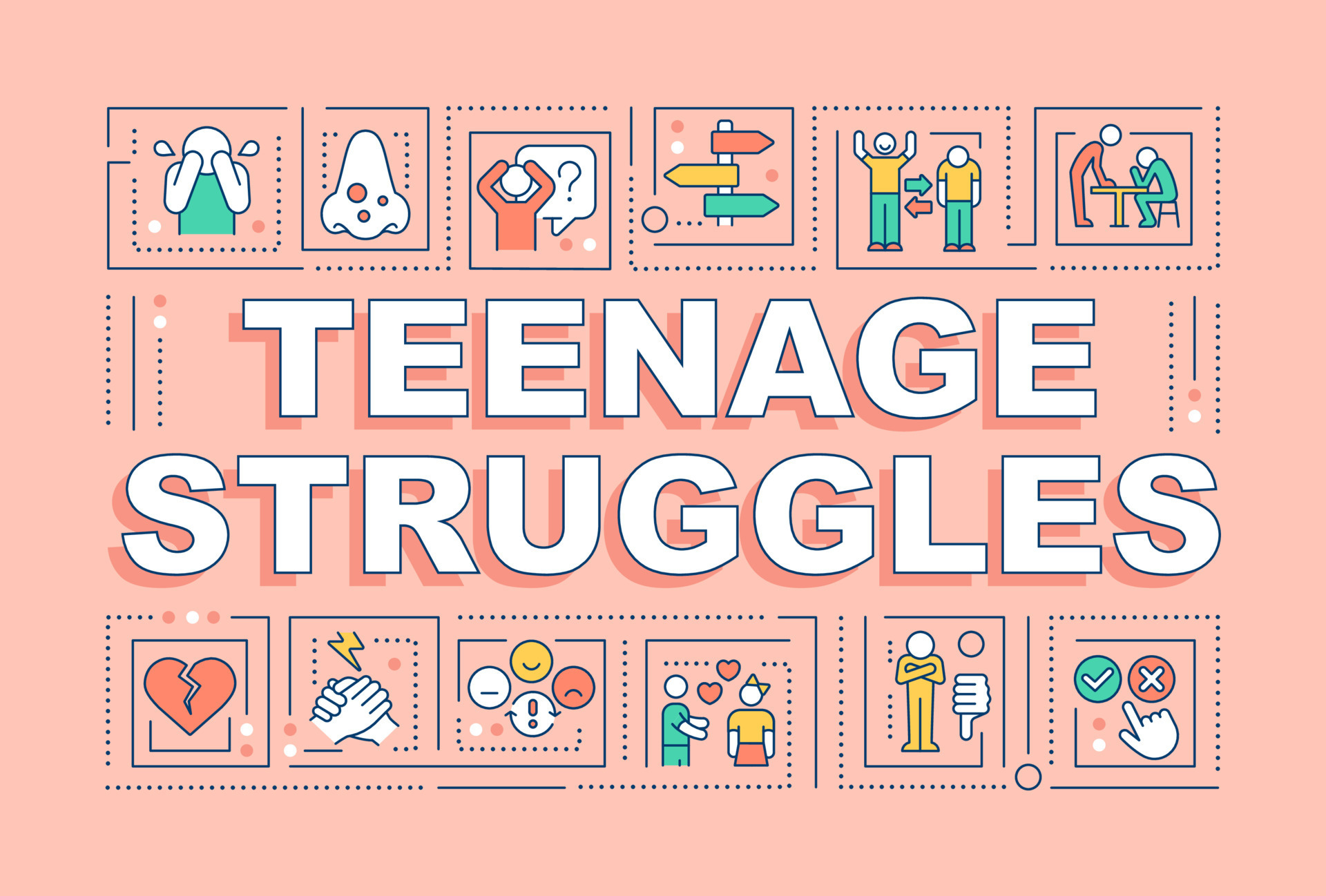 Teenage struggles word concepts pink banner Social emotional issues