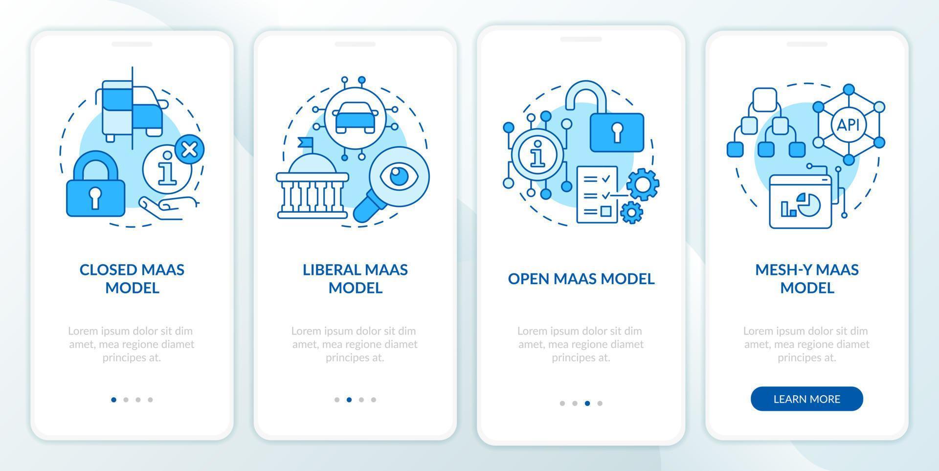 MaaS models blue onboarding mobile app screen. Digital system walkthrough 4 steps editable graphic instructions with linear concepts. UI, UX, GUI template. vector