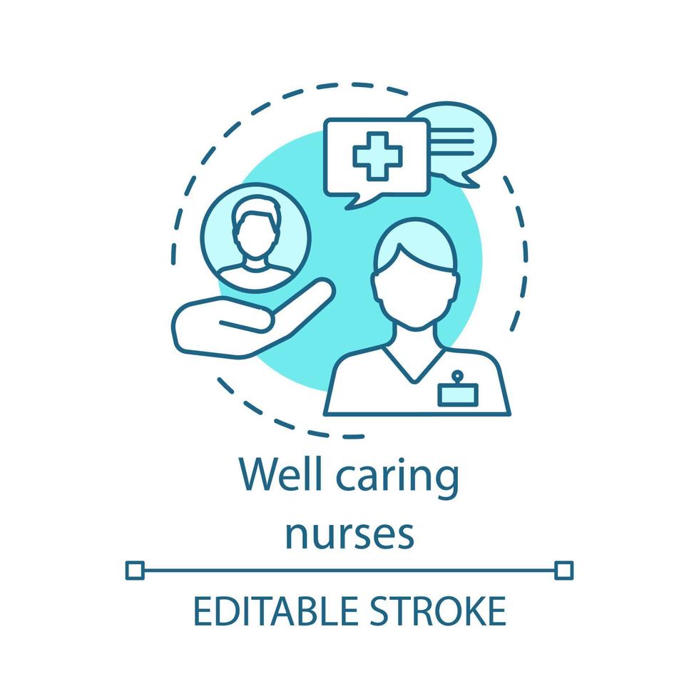 Well caring nurses concept icon. Healthcare assistance. Follow doctor recommendations. Patient help. Nursing service idea thin line illustration. Vector isolated outline drawing. Editable stroke