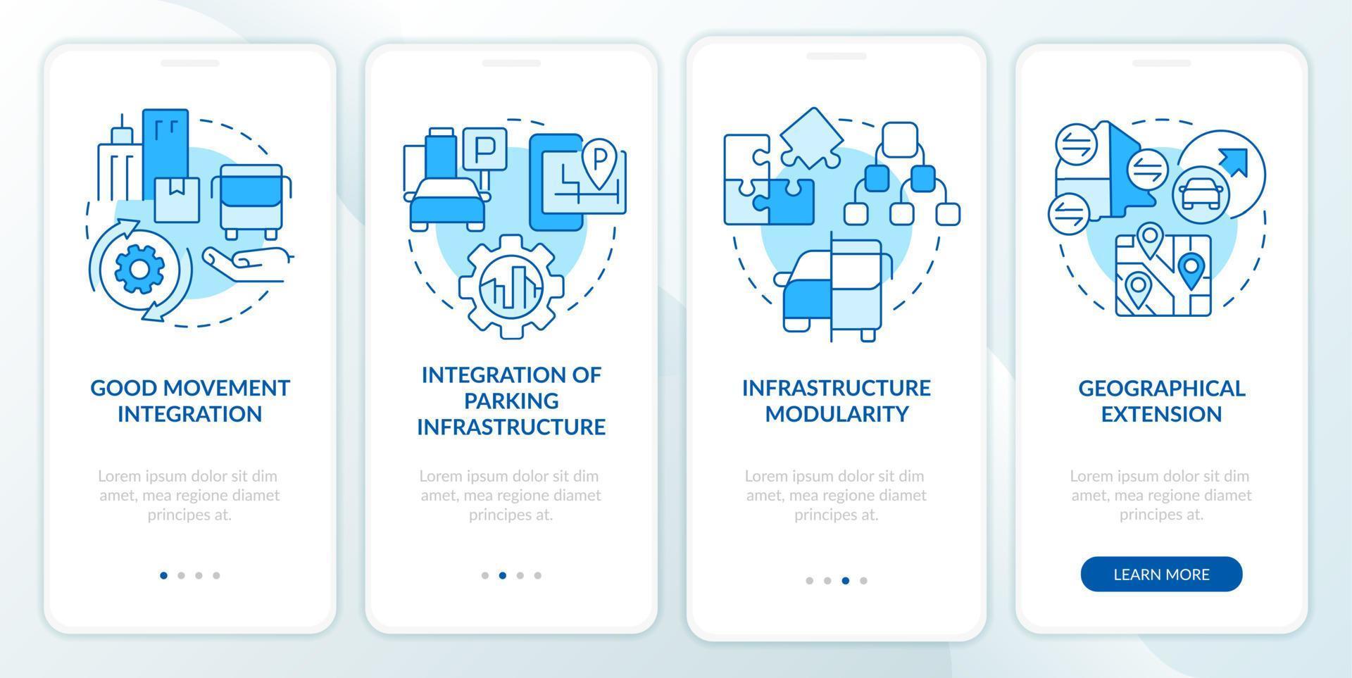 MaaS requirements blue onboarding mobile app screen. Service providing walkthrough 4 steps editable graphic instructions with linear concepts. UI, UX, GUI template. vector