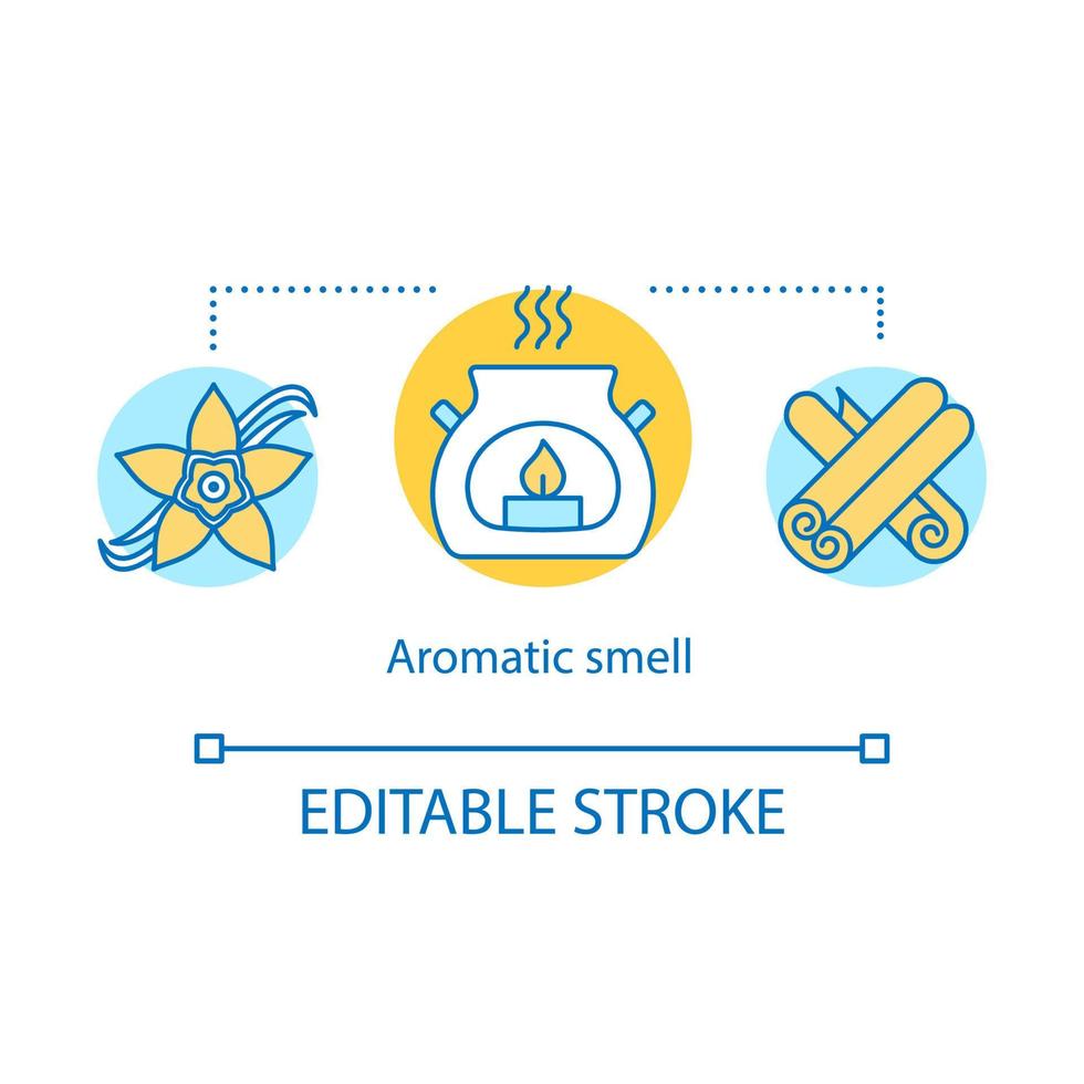 Aromatic smell concept icon. Natural plant extracts. Oil burner, vanilla, cinnamon. Aromatic substances. Aromatherapy idea thin line illustration. Vector isolated outline drawing. Editable stroke