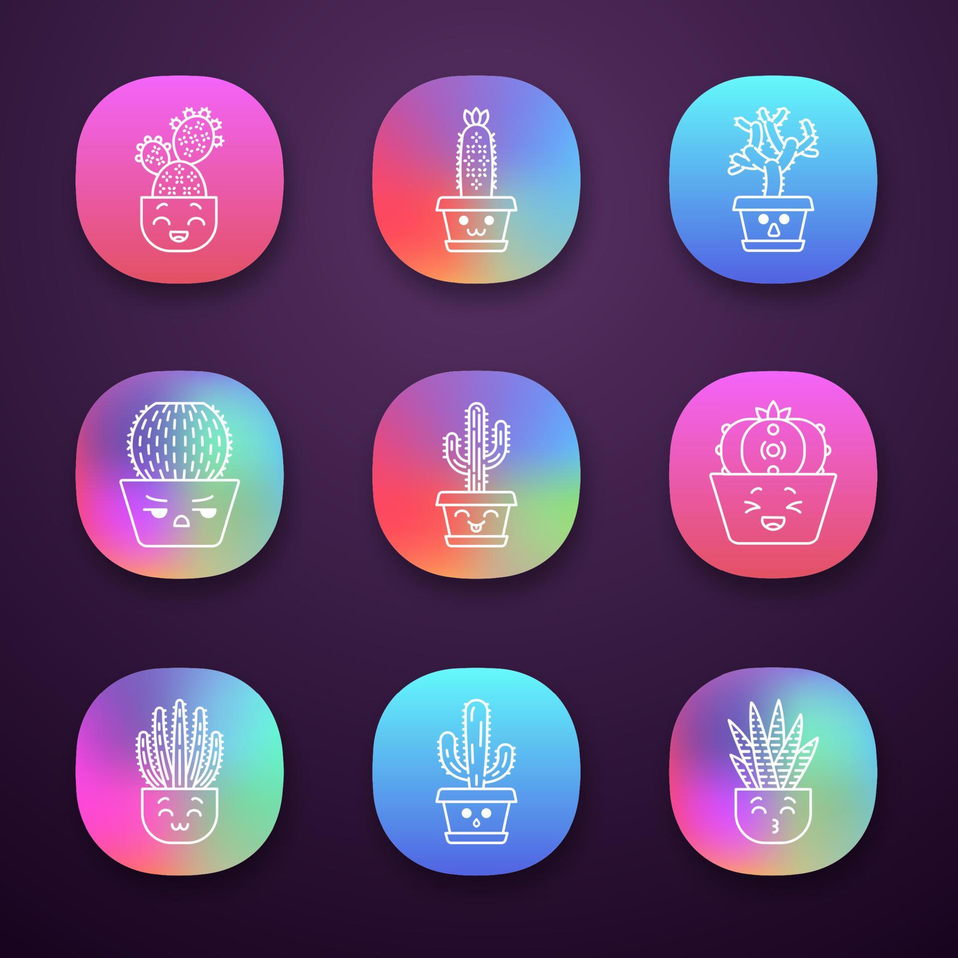 Cactuses app icons set. Plants with smiling faces. Laughing Saguaro and