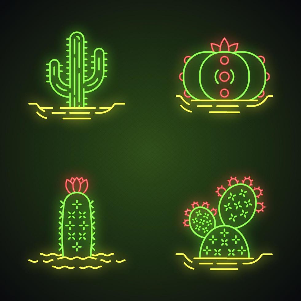 Wild cactuses in ground neon light icons set. Spiny plants. Green succulents. Saguaro, prickly pear, peyote, hedgehog cactus. Glowing signs. Vector isolated illustrations