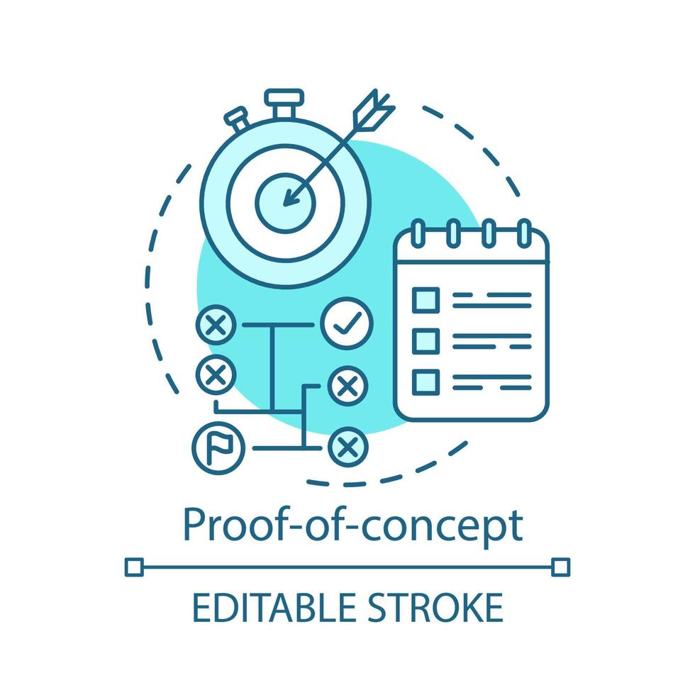 Proof-of-concept concept icon. PoC. Reaching target on time. Strategy. Attaining success. Planning and achieving goal idea thin line illustration. Vector isolated outline drawing. Editable stroke