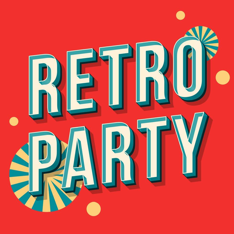 Retro party vintage 3d vector lettering. Retro bold font. Pop art stylized text. Old school style letters. 90s, 80s poster, banner, invitation typography design. Red color background with shapes
