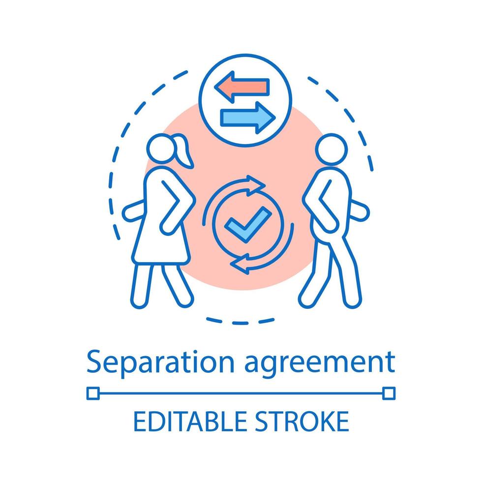 Separation agreement concept icon. Divorce agreement idea thin line illustration. Family quarrel, misunderstanding. Couple break up. Get divorced. Vector isolated outline drawing. Editable stroke