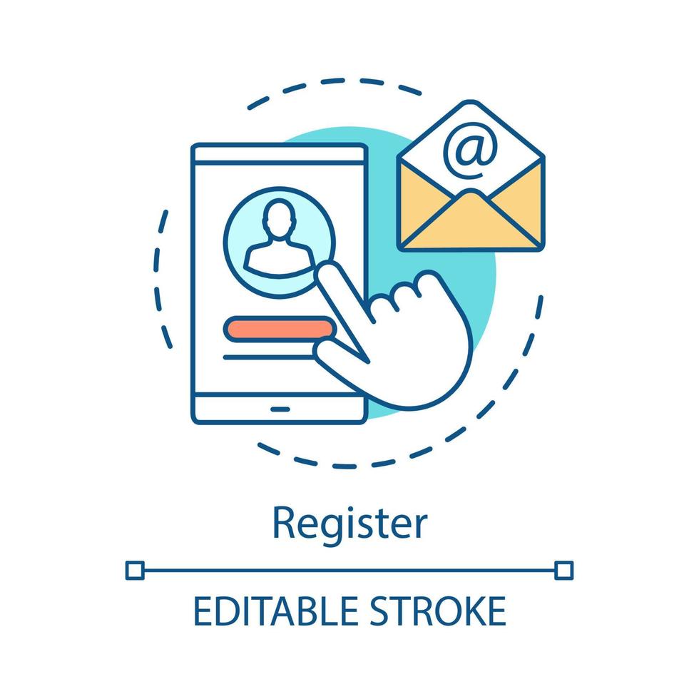 icono de concepto de registro móvil. iniciar sesión, arriba idea ilustración de línea delgada. iniciar sesión, crear perfil. registro de cuenta de teléfono inteligente. carta de confirmación. dibujo de contorno aislado vectorial. trazo editable vector