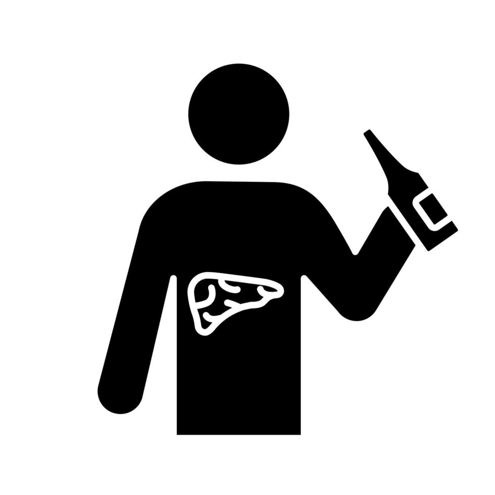 Liver cancer glyph icon. Silhouette symbol. Alcoholism. Alcohol use, abuse. Cirrhosis. Bad habits and unhealthy lifestyle lead to cancer, chronic diseases. Negative space. Vector isolated illustration