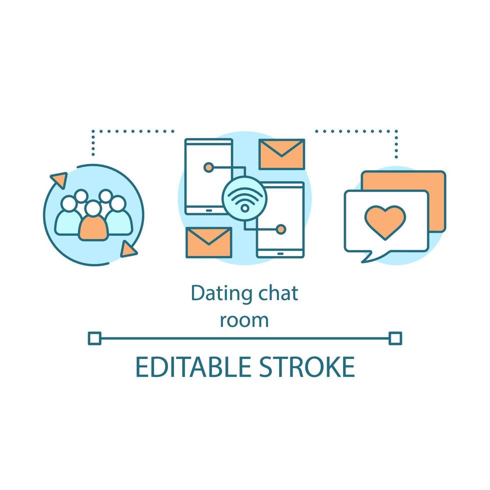 Dating chat room concept icon. Online messaging idea thin line illustration. Romantic chatting. Speech bubble with heart. Internet communication. Vector isolated outline drawing. Editable stroke