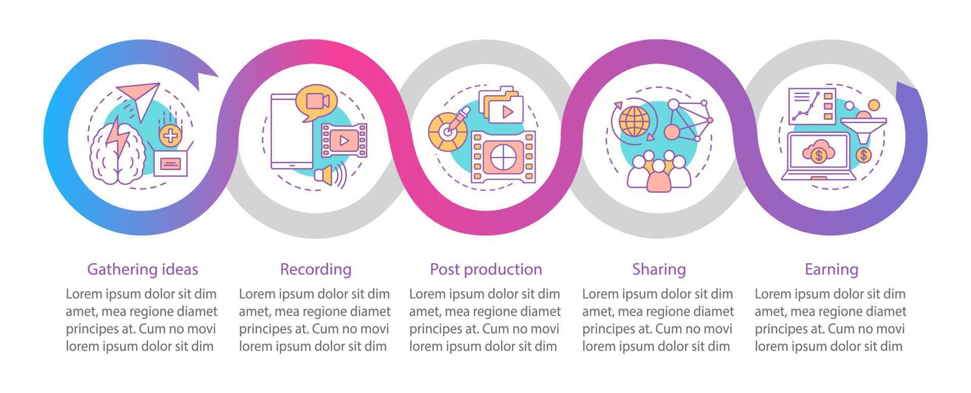 plantilla infográfica vectorial de vlogueo. grabación de video, post producción, compartir, ganar. transmisión. visualización de datos con cinco pasos y opciones. gráfico de línea de tiempo del proceso. diseño de flujo de trabajo con iconos vector