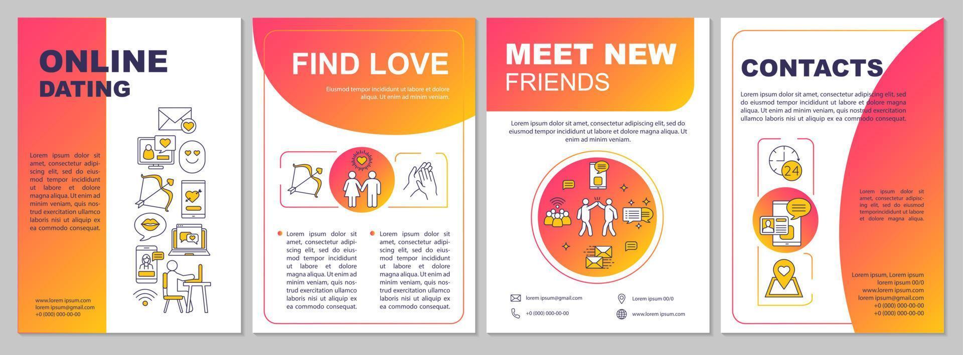 Online dating app brochure template layout. Find love idea. Flyer, booklet, leaflet print design with linear illustrations. Vector page layouts for magazines, annual reports, advertising posters