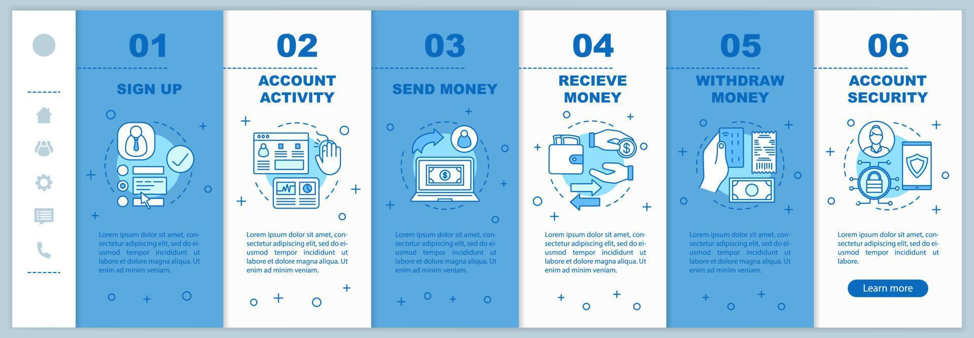 Online banking account onboarding mobile web pages vector template. E-payment. Responsive smartphone website interface idea with linear icons. Payment system. Webpage walkthrough step screens concept