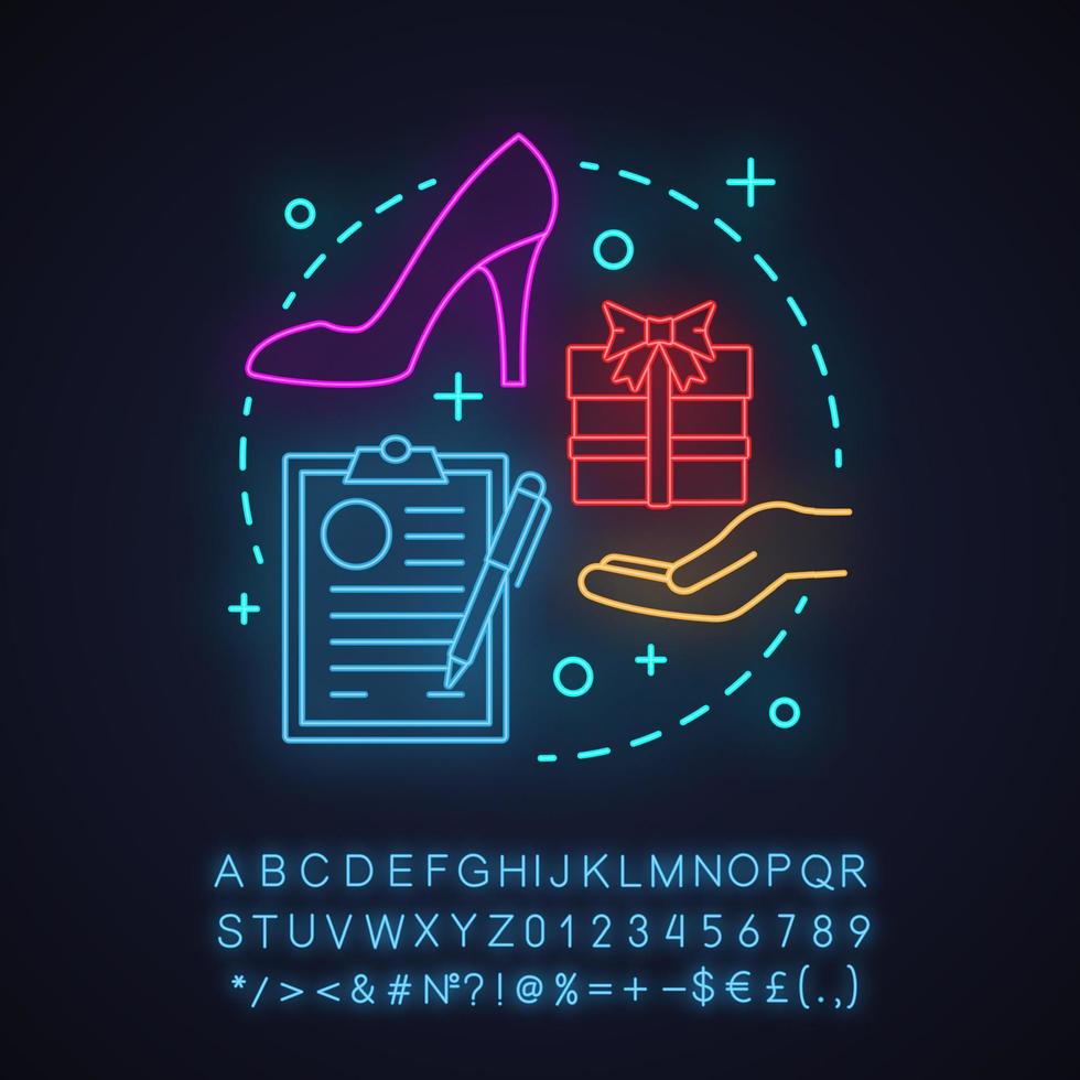 Clothes shopping neon light concept icon. Special offer idea. Clothing store discounts, sale and gifts. Glowing sign with alphabet, numbers and symbols. Vector isolated illustration