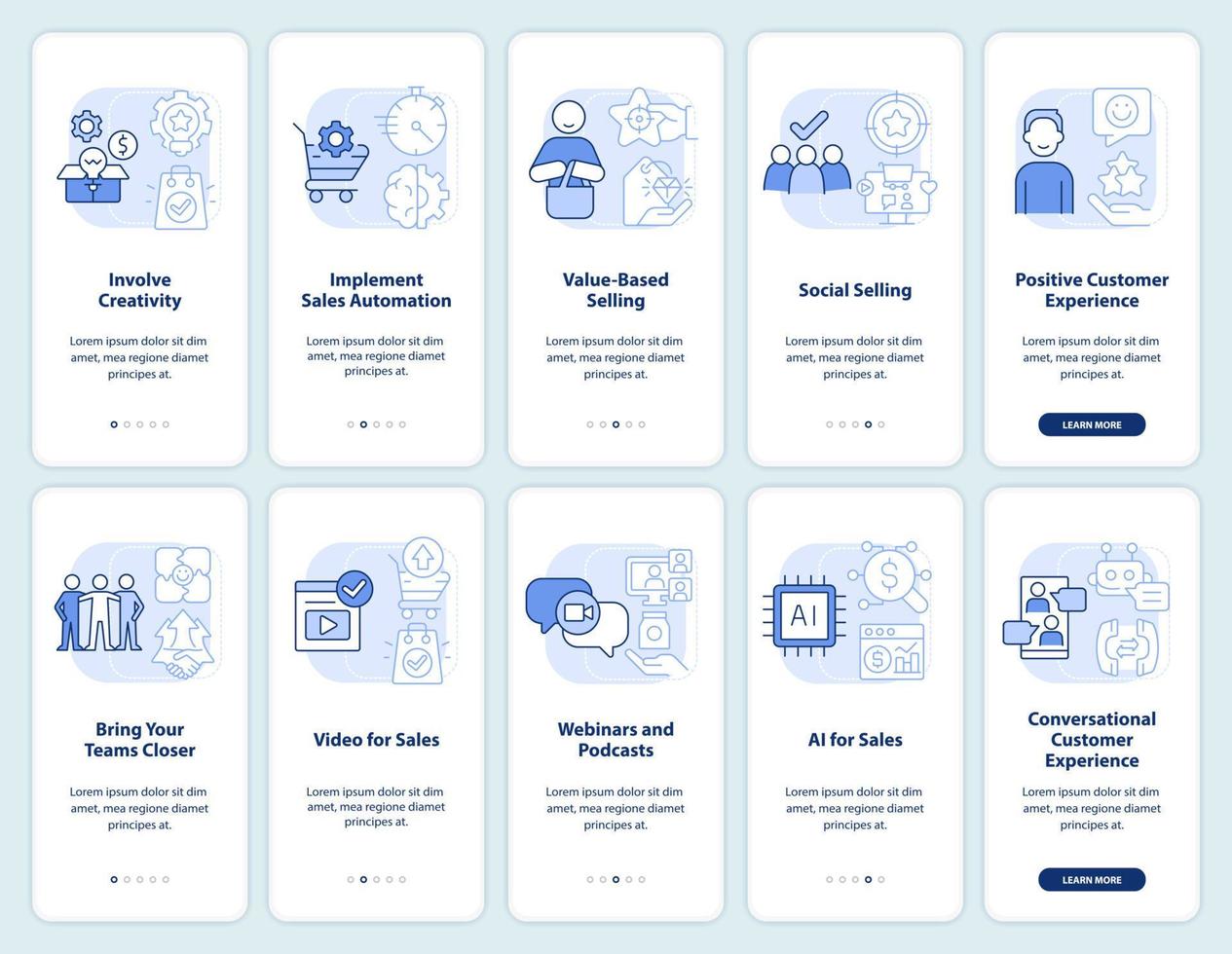 Selling trends light blue onboarding mobile app screen set. Walkthrough 5 steps editable graphic instructions with linear concepts. UI, UX, GUI template. vector