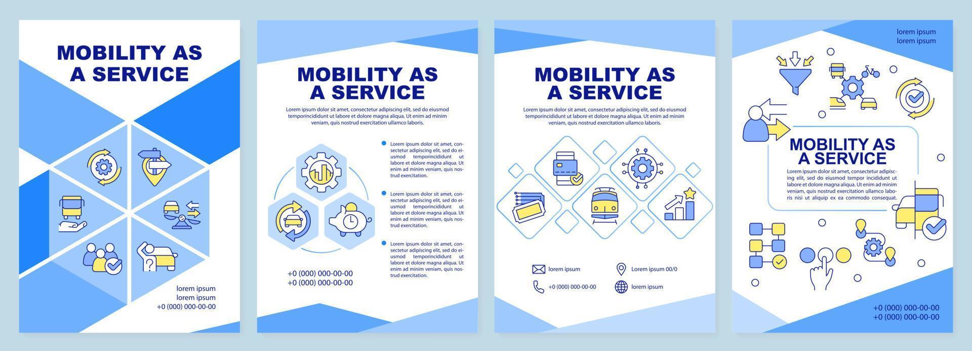 Mobility as service blue brochure template. Transportation. Leaflet design with linear icons. Editable 4 vector layouts for presentation, annual reports.
