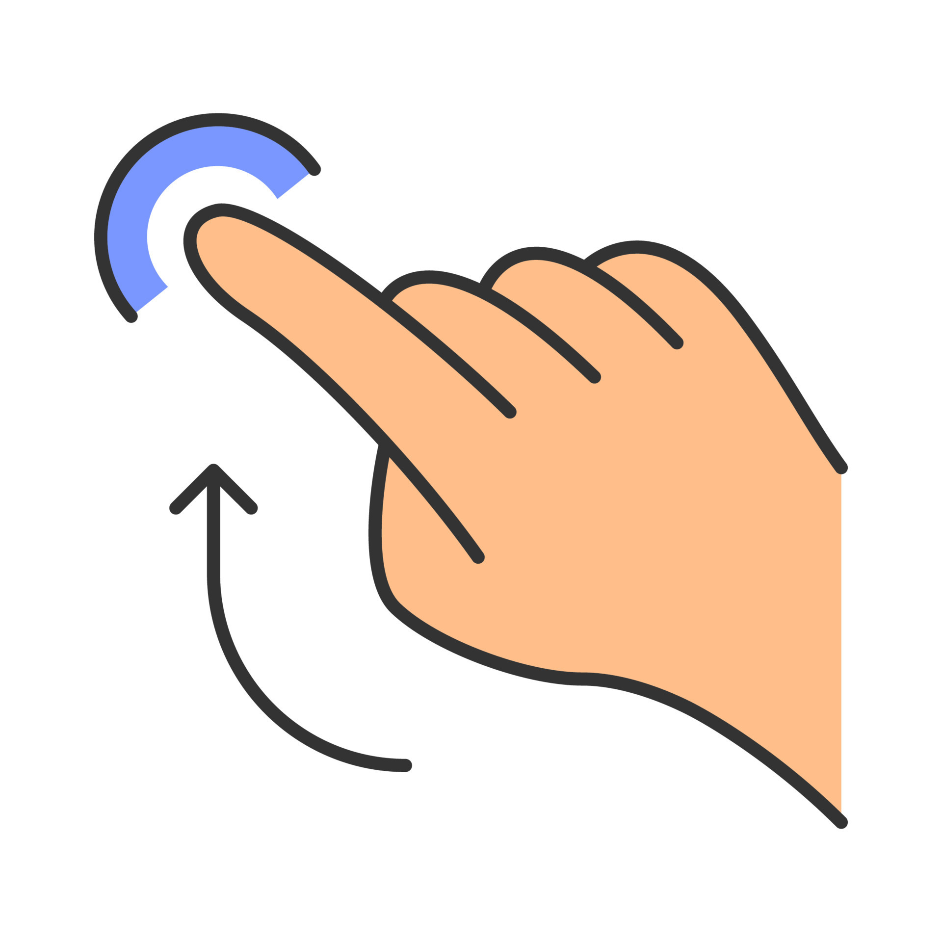 Flick up gesture color icon. Touchscreen gesturing. Human hand and