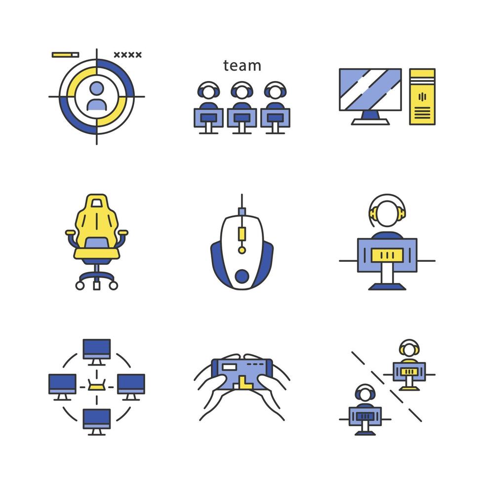Esports color icons set. Videogame tournament. Game for player and team. Shooting. Computer devices. Local area network. Isolated vector illustrations