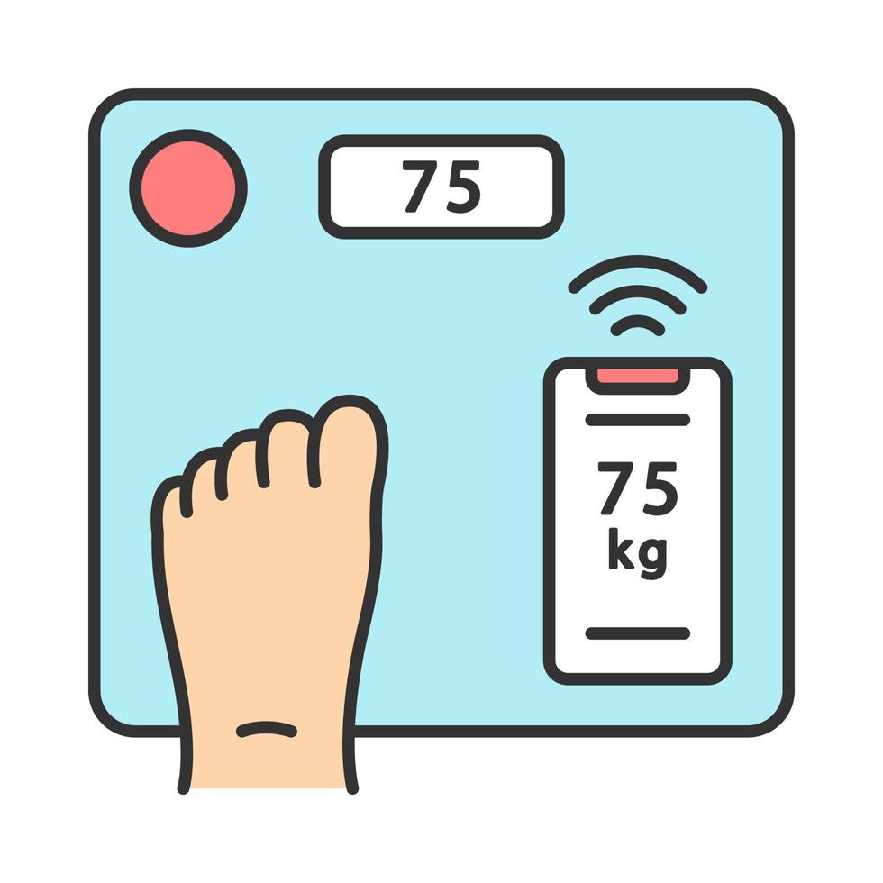 icono de color de escalas de cuerpo inalámbrico inteligente. índice de masa corporal, músculo, medición de grasa. dispositivo de control de pérdida de peso. básculas de baño digitales para el hogar con tecnología step on. ilustración vectorial aislada vector