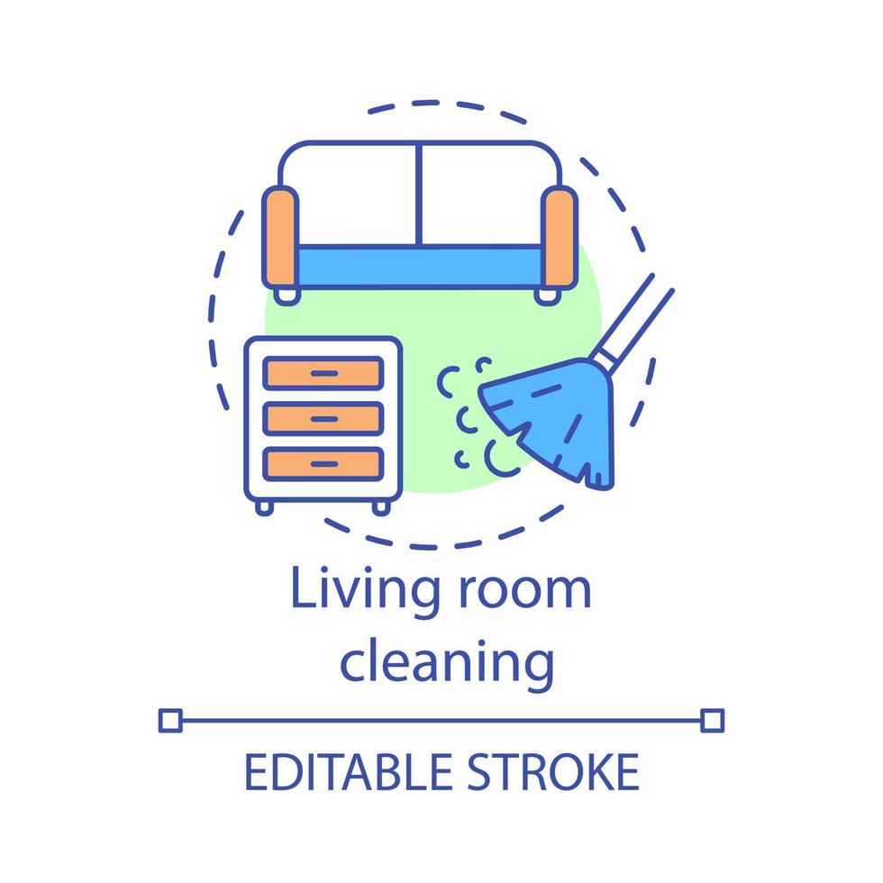 Living room cleaning concept icon. Home cleanup idea thin line illustration. Sofa dry cleaning. Clutter clearing. Mopping, wiping, dusting. Vector isolated outline drawing. Editable stroke