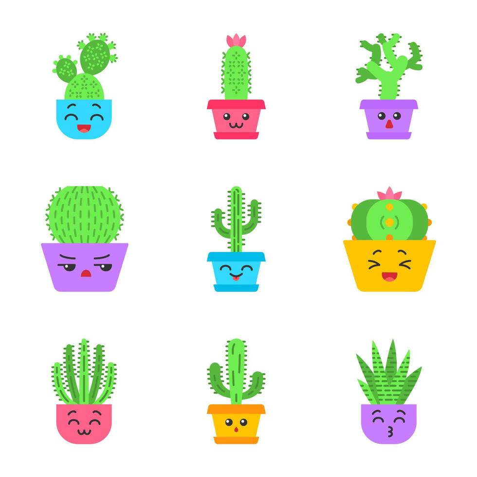 conjunto de iconos de color de sombra larga de diseño plano de cactus. plantas con caras sonrientes. riendo saguaro y cactus peyote. besando cactus cebra en maceta. plantas suculentas. Ilustraciones de silueta vector