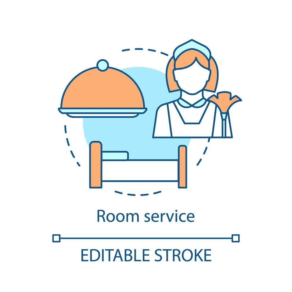 Room service concept icon. In-room dining, cleaning idea thin line illustration. Maid, serving tray with lid, bed. Hotel amenities, features. Vector isolated outline drawing. Editable stroke