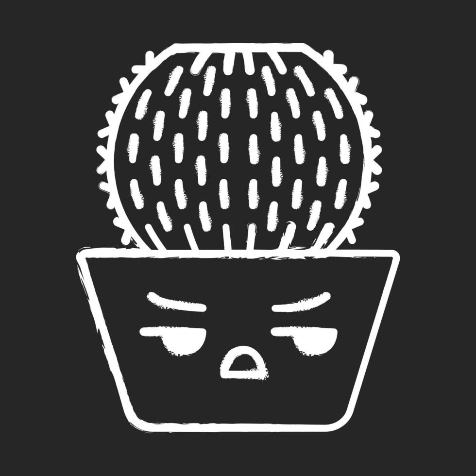 Barrel cactus chalk icon. Cactus with angry face. Echinocactus home cacti in pot. Unhappy plant with frowning eyebrows. Succulent plant. Houseplant. Isolated vector chalkboard illustration