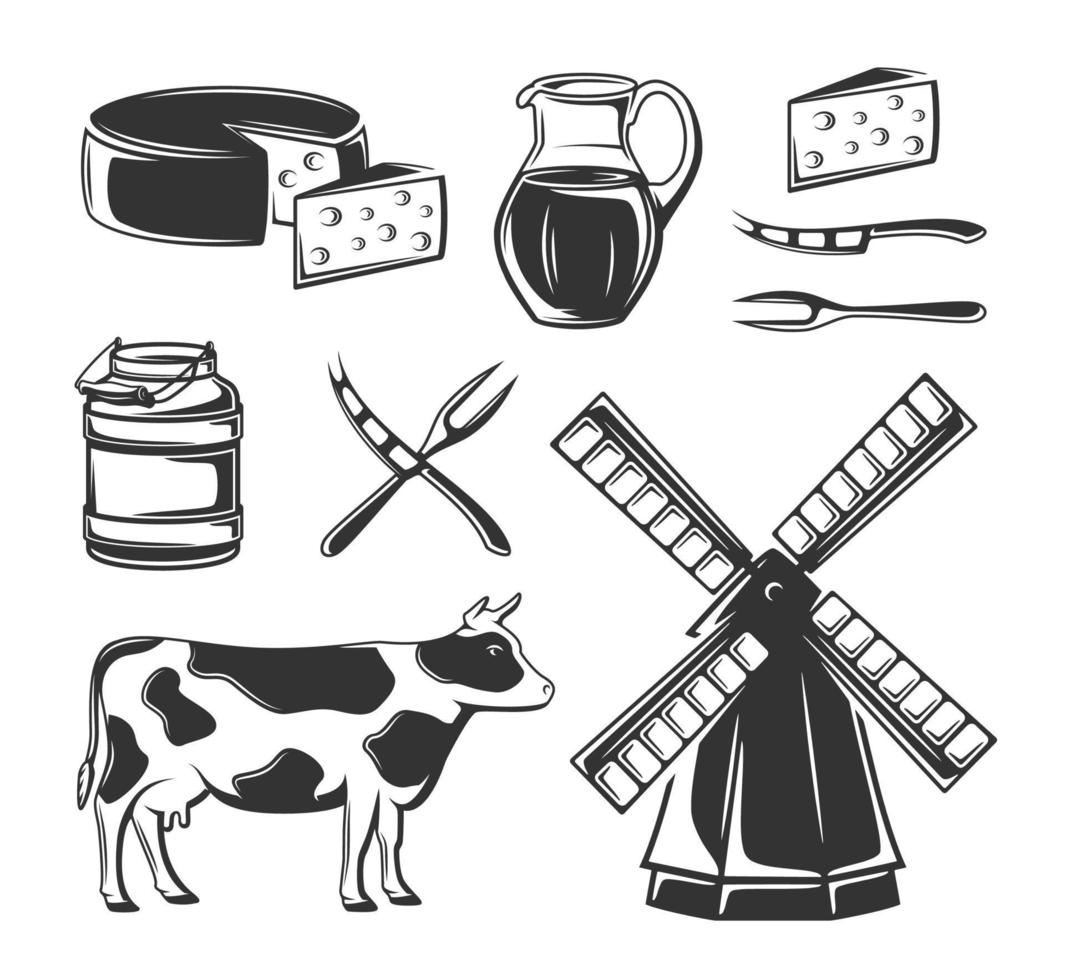 Set of cheese elements for design isolated on white background. Retro farm elements. Vector illustration