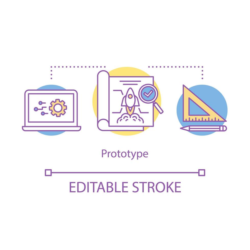 Prototype concept icon. Startup launch. Start pilot project. Minimum viable product. Business plan development idea thin line illustration. Vector isolated outline drawing. Editable stroke