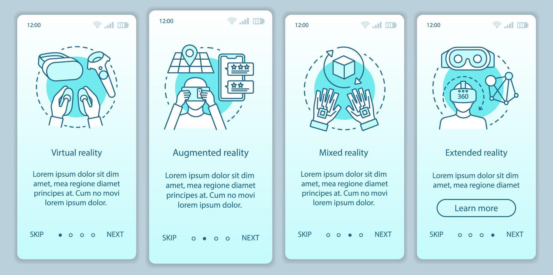 Extended reality onboarding mobile app page screen with linear concept. Virtual, augmented, mixed realities walkthrough steps graphic instructions. UX, UI, GUI vector template with illustrations