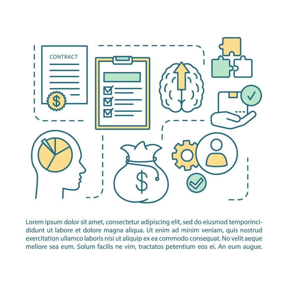 Entrepreneurship article page vector template. Contract job. Brochure, magazine, booklet design element with linear icons and text boxes. Print design. Concept illustrations with text space