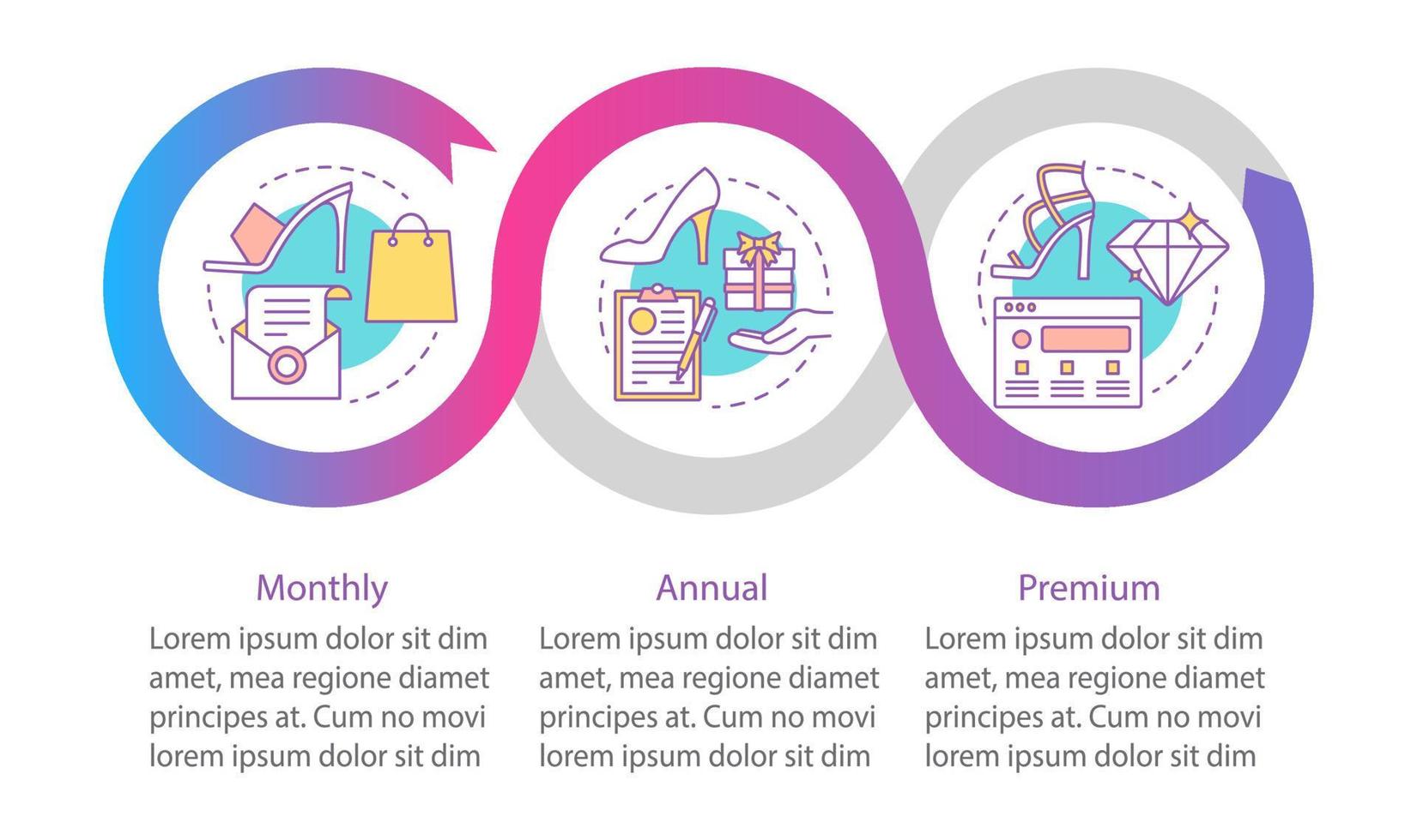 Clothing store sales vector infographic template. Shopping. Monthly, annual, premium tariff plans. Data visualization with three steps and options. Process timeline chart. Workflow layout with icons