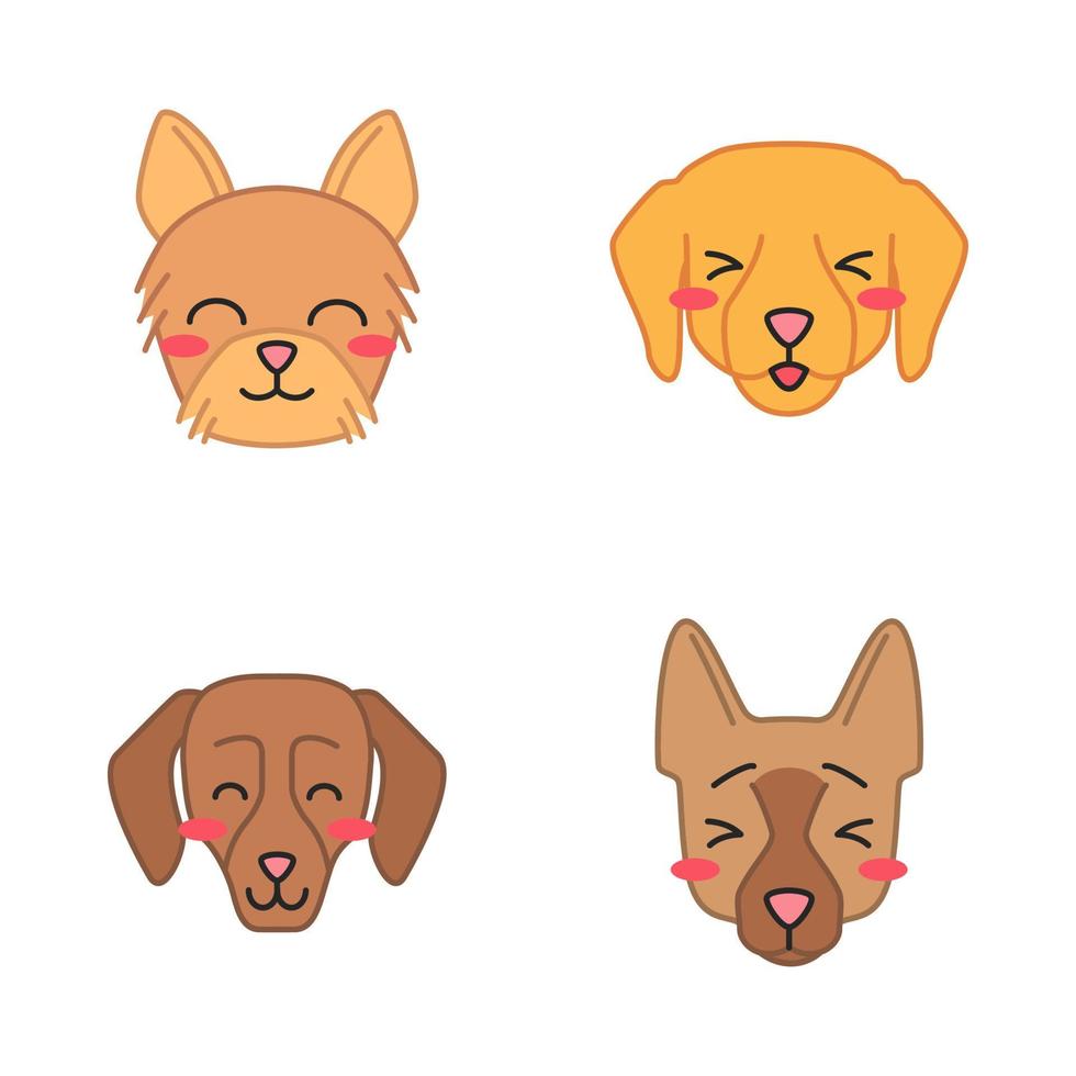 perros lindos personajes vectoriales kawaii. animales con bozales sonrientes. terrier de yorkshire feliz. perro salchicha con ojos sonrientes. emoji divertido, pegatinas, juego de emoticonos. ilustración de color de dibujos animados aislados vector