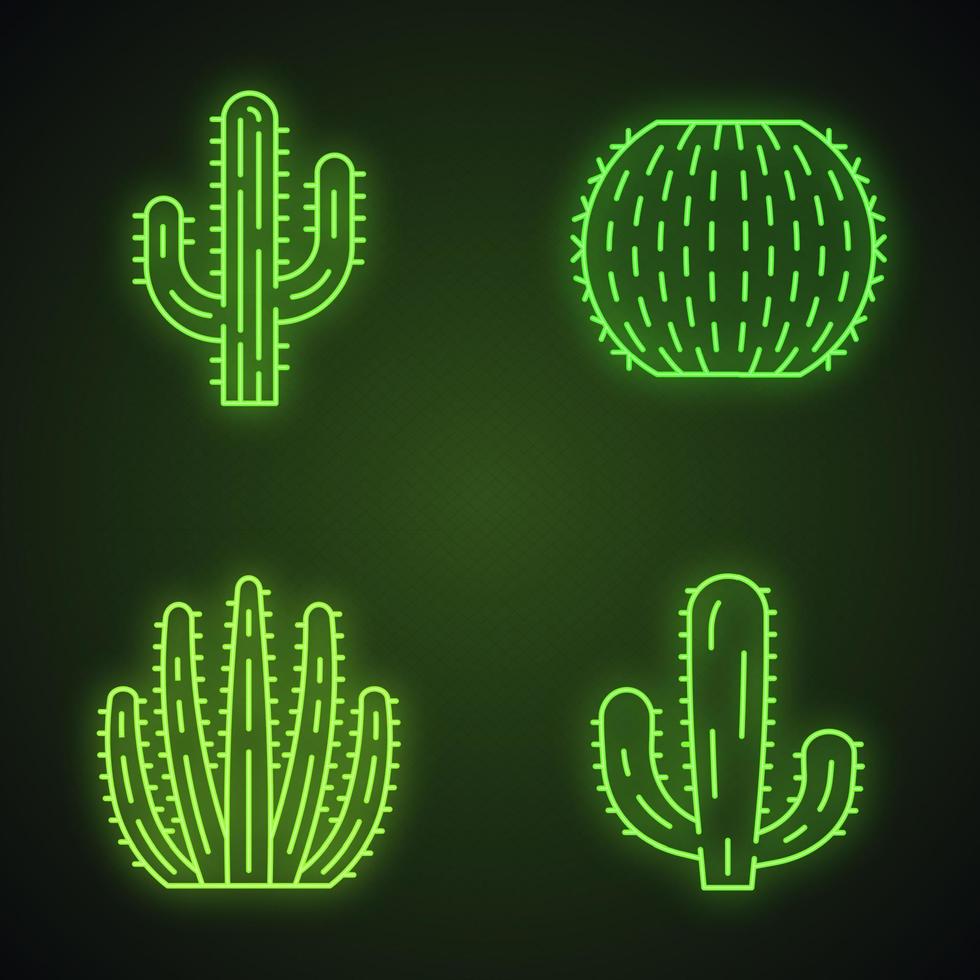 Wild cactuses neon light icons set. Succulents. Cacti collection. Saguaro, organ pipe, mexican giant and barrel cactuses. Glowing signs. Vector isolated illustrations