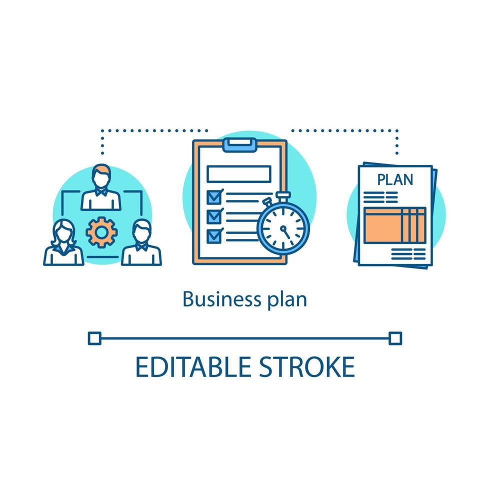 Business plan concept icon. Budgeting. Funding and financing. Company development program. Strategic management idea thin line illustration. Vector isolated outline drawing. Editable stroke
