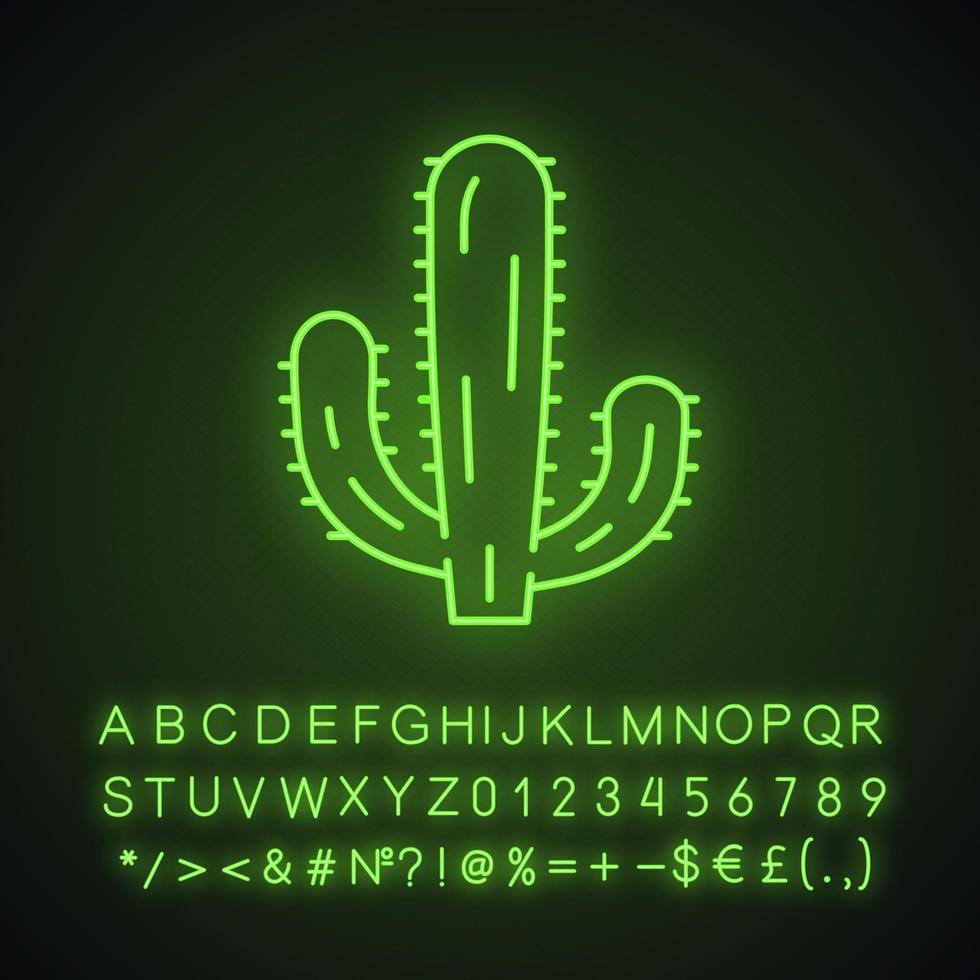 Mexican giant cactus neon light icon. Cardon. Elephant cactus. Mexican flora. Tallest cacti. Glowing sign with alphabet, numbers and symbols. Vector isolated illustration