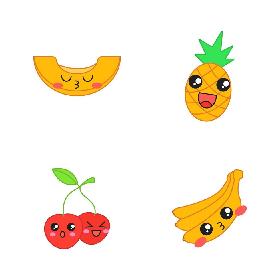 Fruits cute kawaii vector characters. Berries with smiling face. Kissing melon and banana. Happy pineapple and cherry. Funny emoji, emoticon, smile. Isolated cartoon color illustration