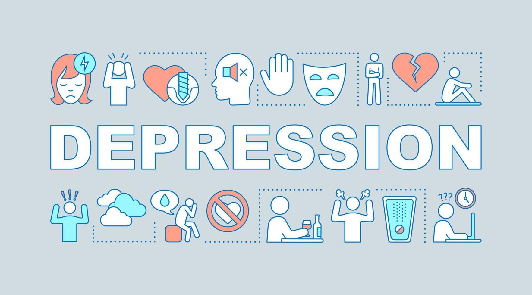 Depression word concepts banner. Apathetic mental state. Burnout, frustration. Medical treatment. Presentation, website. Isolated lettering typography idea, linear icons. Vector outline illustration