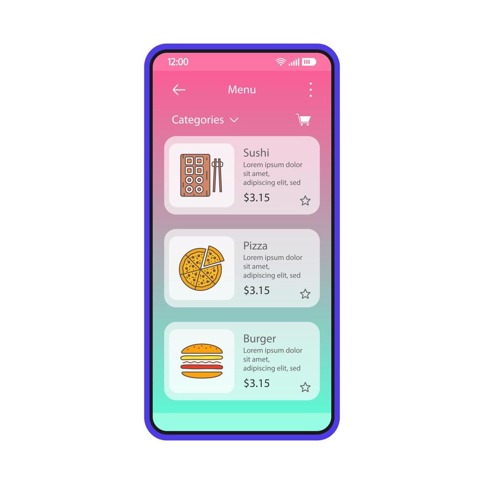 Food delivery app smartphone interface vector template. Mobile screen page blue design layout. Sushi, pizza, burger online order application. Gradient flat UI. Restaurant menu options phone display