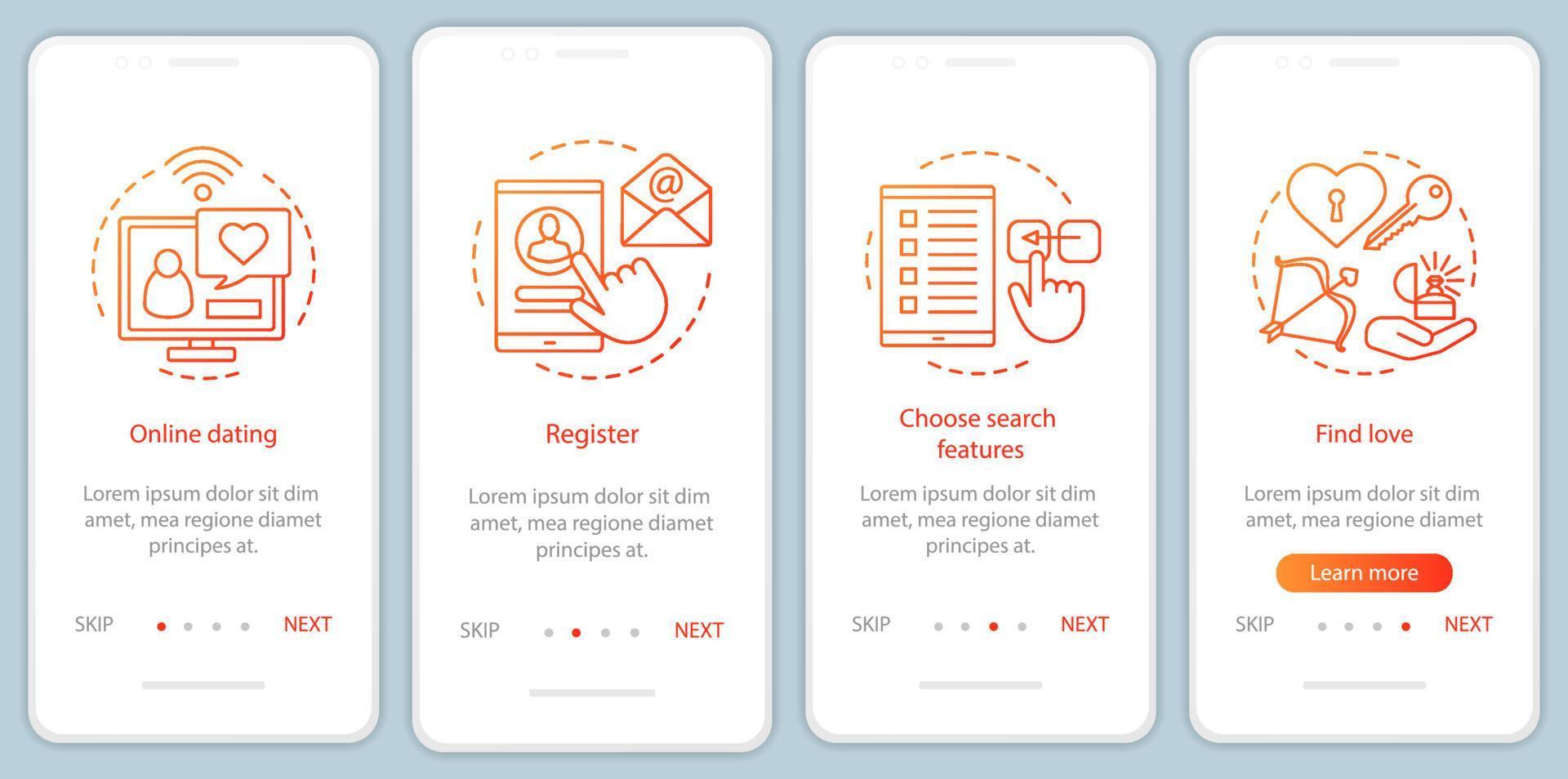 plantilla de vector de pantalla de página de aplicación móvil de incorporación de citas en línea. regístrese, elija funciones de búsqueda, encuentre instrucciones de sitios web de amor con ilustraciones lineales. ux, ui, concepto de interfaz de teléfono inteligente gui