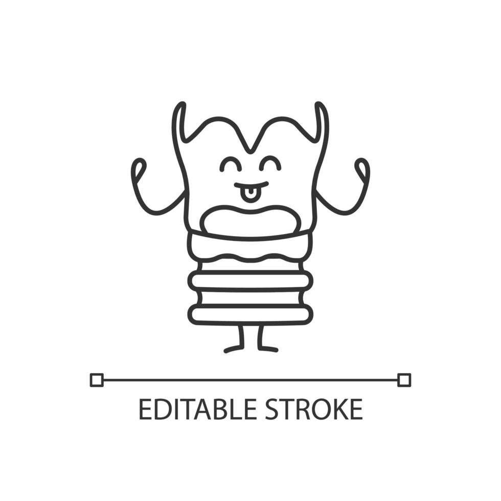 Happy larynx character linear icon. Thin line illustration. Smiling voice box emoji. Healthy larynx. Respiratory system health. Contour symbol. Vector isolated outline drawing. Editable stroke