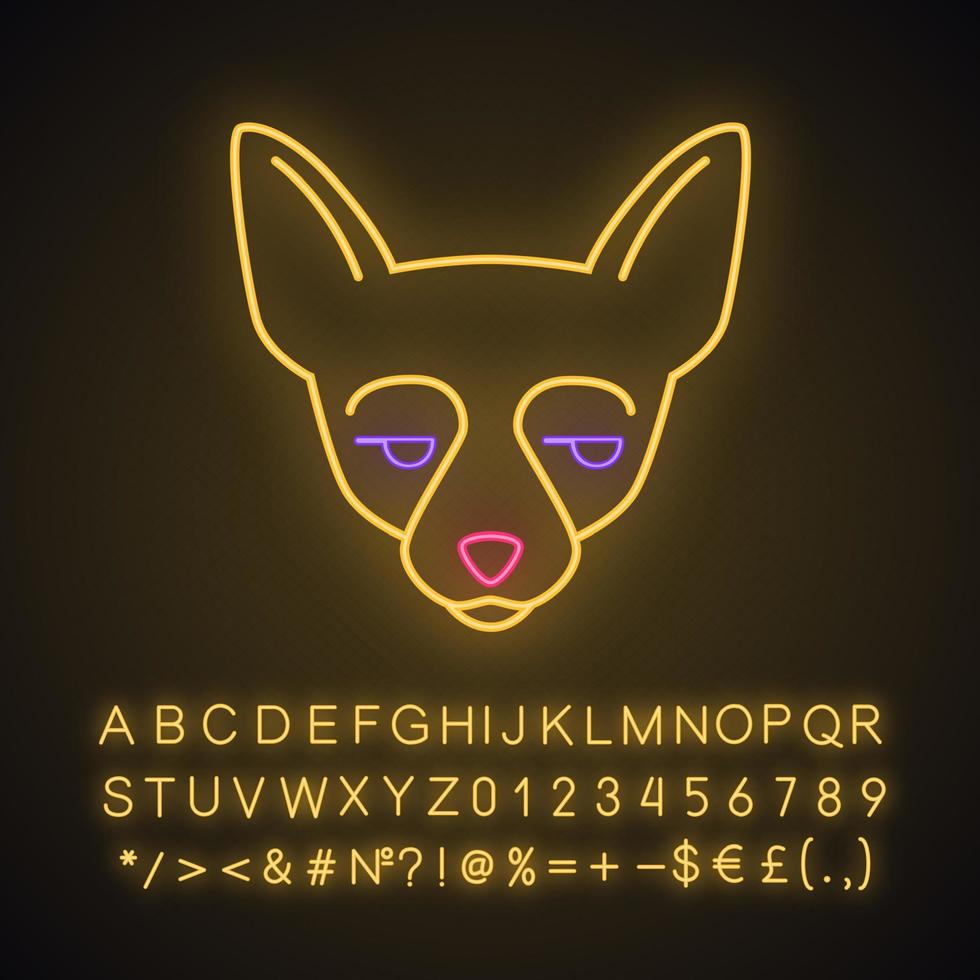 Chihuahua cute kawaii neon light character. Dog with unamused muzzle. Animal with eyes looking to side. Funny emoji, emoticon. Glowing icon with alphabet, number, symbols. Vector isolated illustration