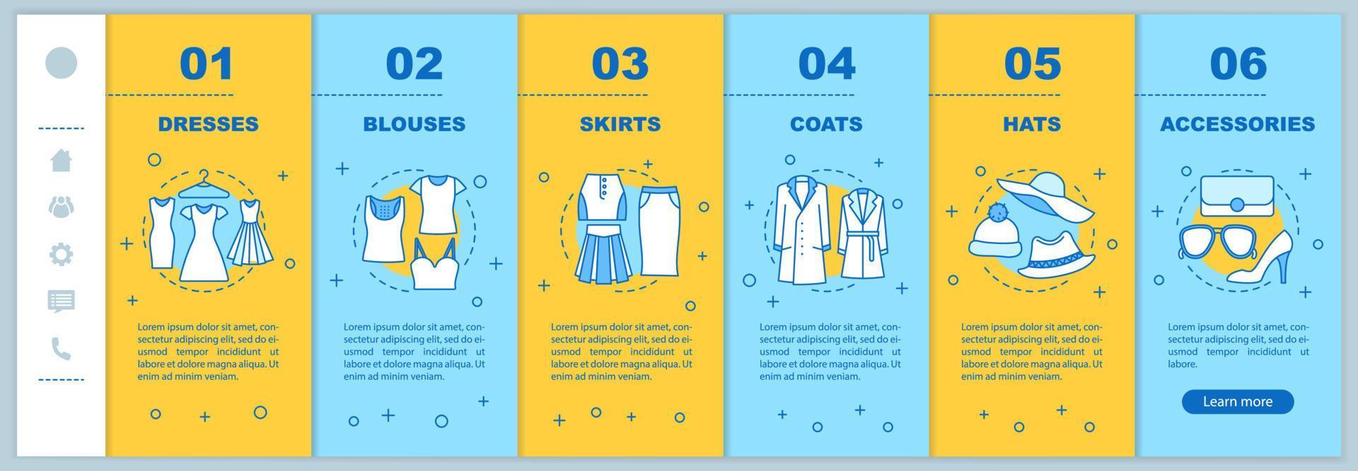 Women's clothes onboarding mobile web pages vector template. Blouses, hats, dresses, accessories, skirts, coats. Responsive smartphone website interface. Webpage walkthrough step screen. Color concept