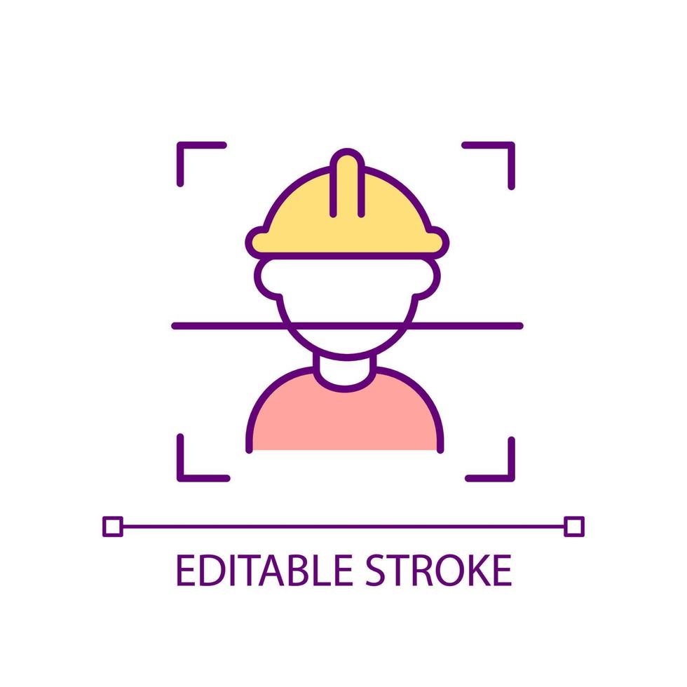 Facial recognition technology in construction workplace RGB color icon. Verifying employee identity. Isolated vector illustration. Simple filled line drawing. Editable stroke.