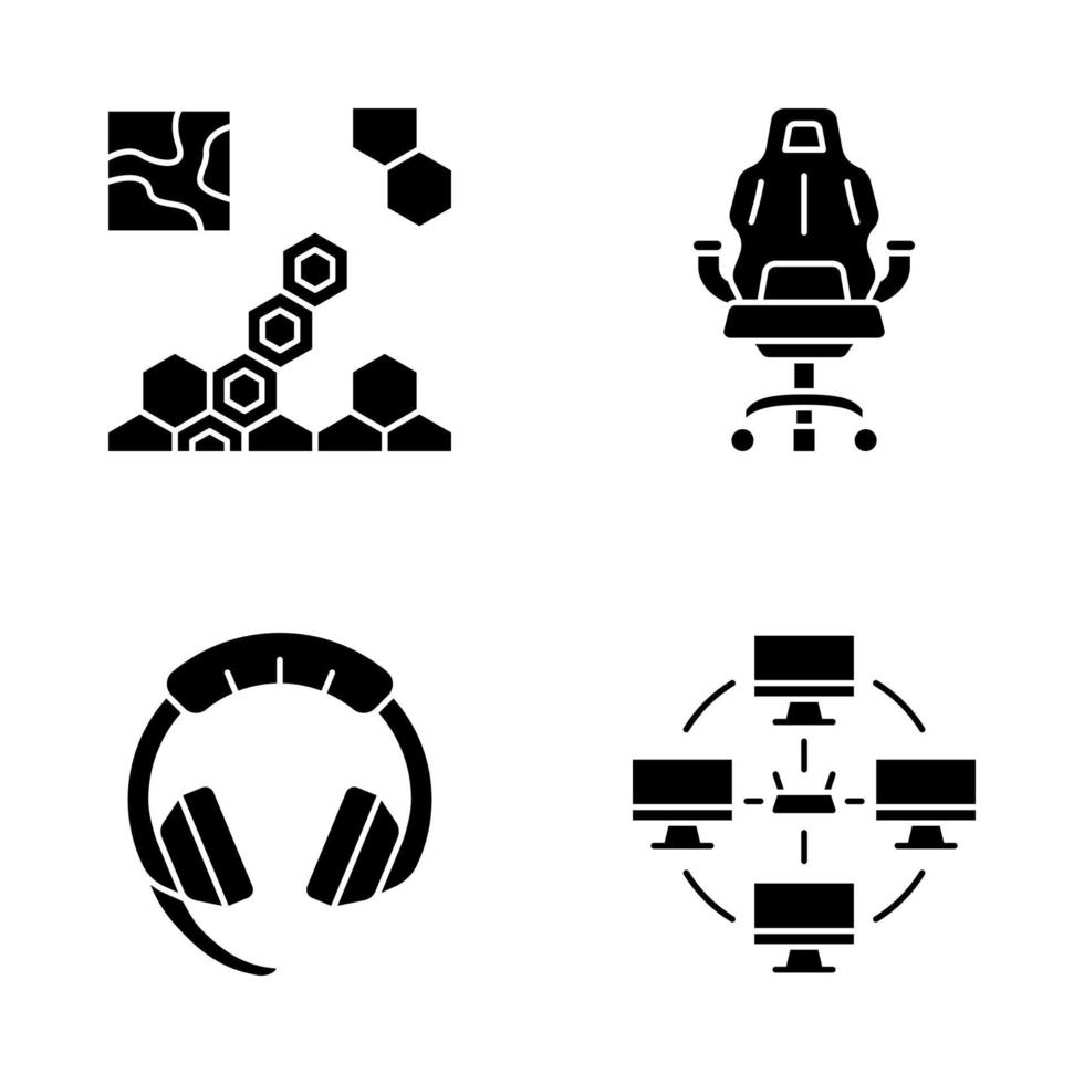 Esports glyph icons set. Real-time strategy game. Local area network. Gaming devices. Silhouette symbols. Vector isolated illustration