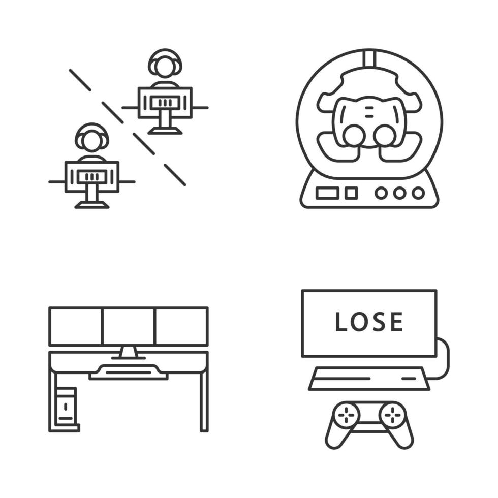 Esports linear icons set. Gaming environment. Multiplayer video game. PC steering wheel. Player desk. Losing game. Thin line contour symbols. Isolated vector outline illustrations. Editable stroke