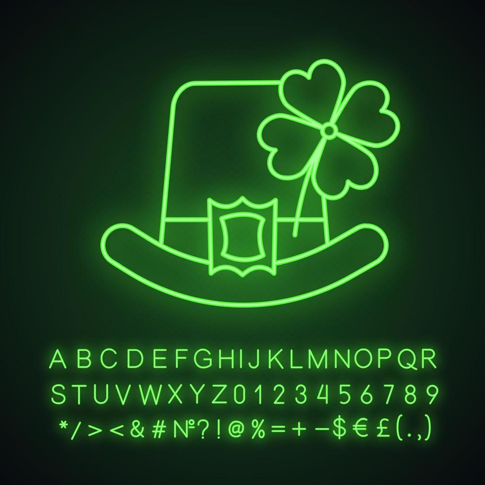Saint Patrick's Day neon light icon. March 17th. Leprechaun hat with four leaf clover. Glowing sign with alphabet, numbers and symbols. Vector isolated illustration