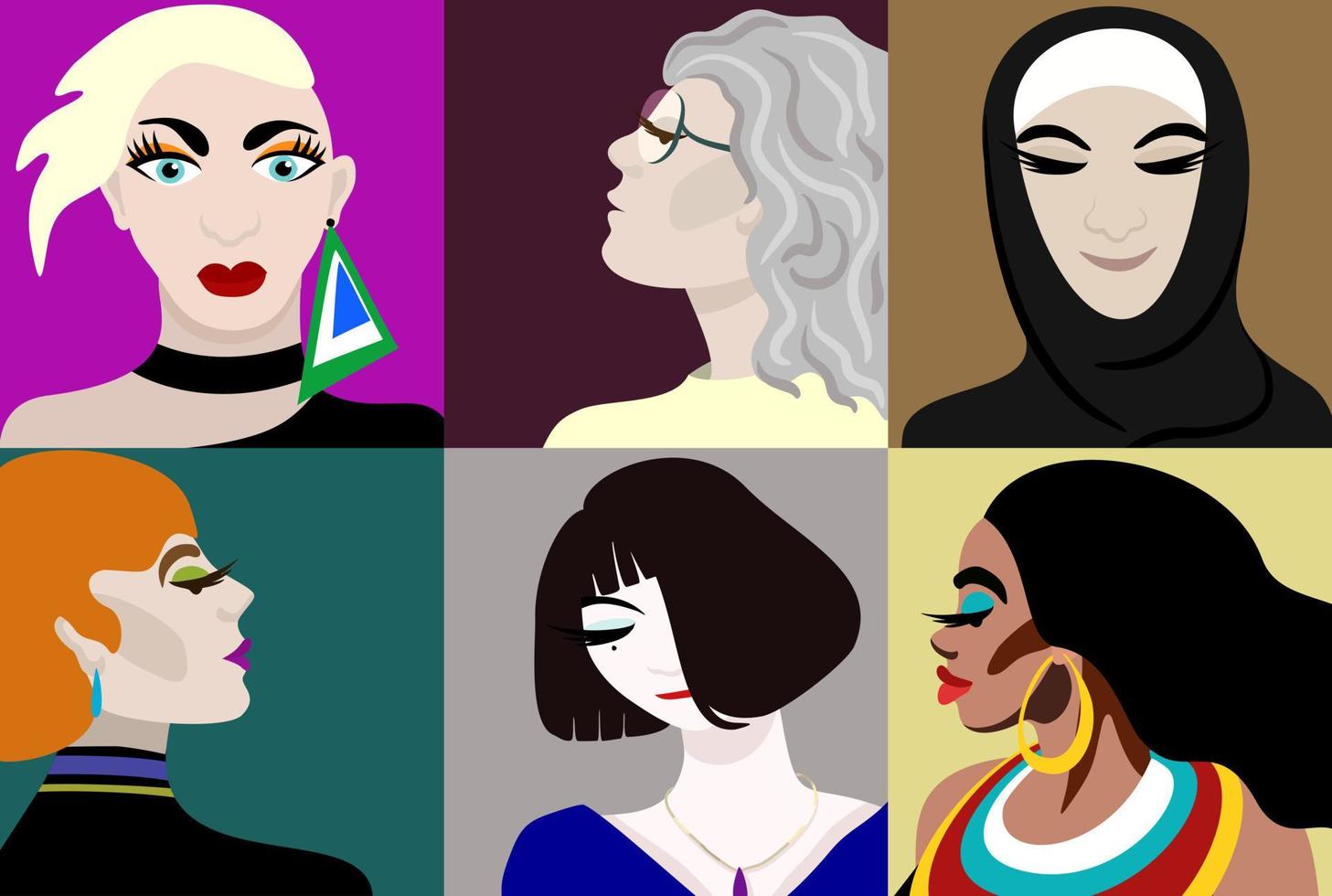 Vector set of portraits of different women.